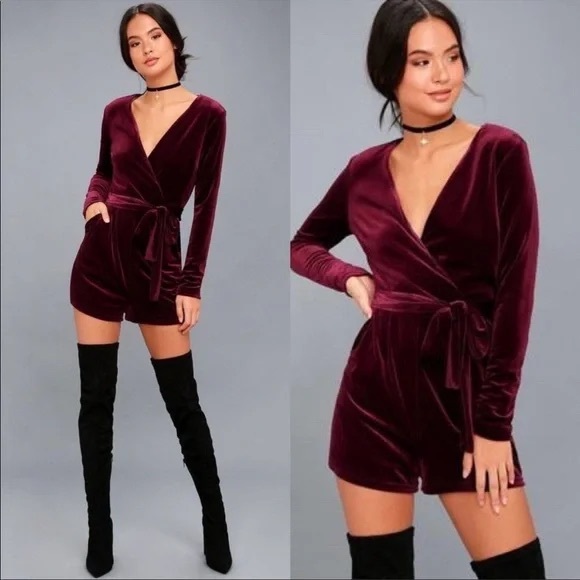 Lulu's Velvet Long Sleeve Romper in DeepMaroon Red - Picture 2 of 12